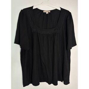 Misia Curvy Black Square Neck Crochet Lace Trim Babydoll Top Plus Size 2X